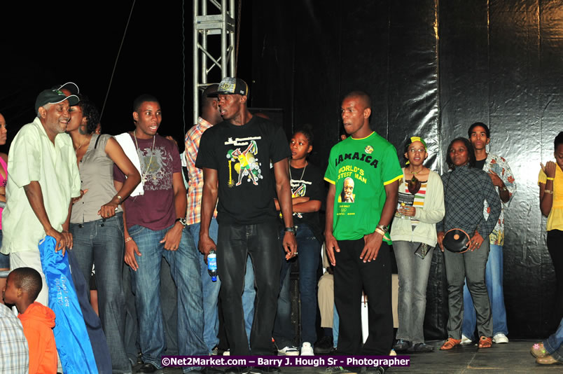 Usain Bolt of Jamaica - The Fastest Man In The World  - Usain Bolt Homecoming Celebrations Concert at the William Knibb High School Play Field, Trelawny - Ice, Ding Dong, Ravers Clavers, D'Angel, Voicemail, RDX and Dancers, Wayne Marshall, Tammi Chynn, Bugle, Nero, Tanya Stephens, Richie Spice, Kip Rich,and Shaggy - Photographs by Net2Market.com - Barry J. Hough Sr. Photojournalist/Photograper - Photographs taken with a Nikon D300 - Negril Travel Guide, Negril Jamaica WI - http://www.negriltravelguide.com - info@negriltravelguide.com...!